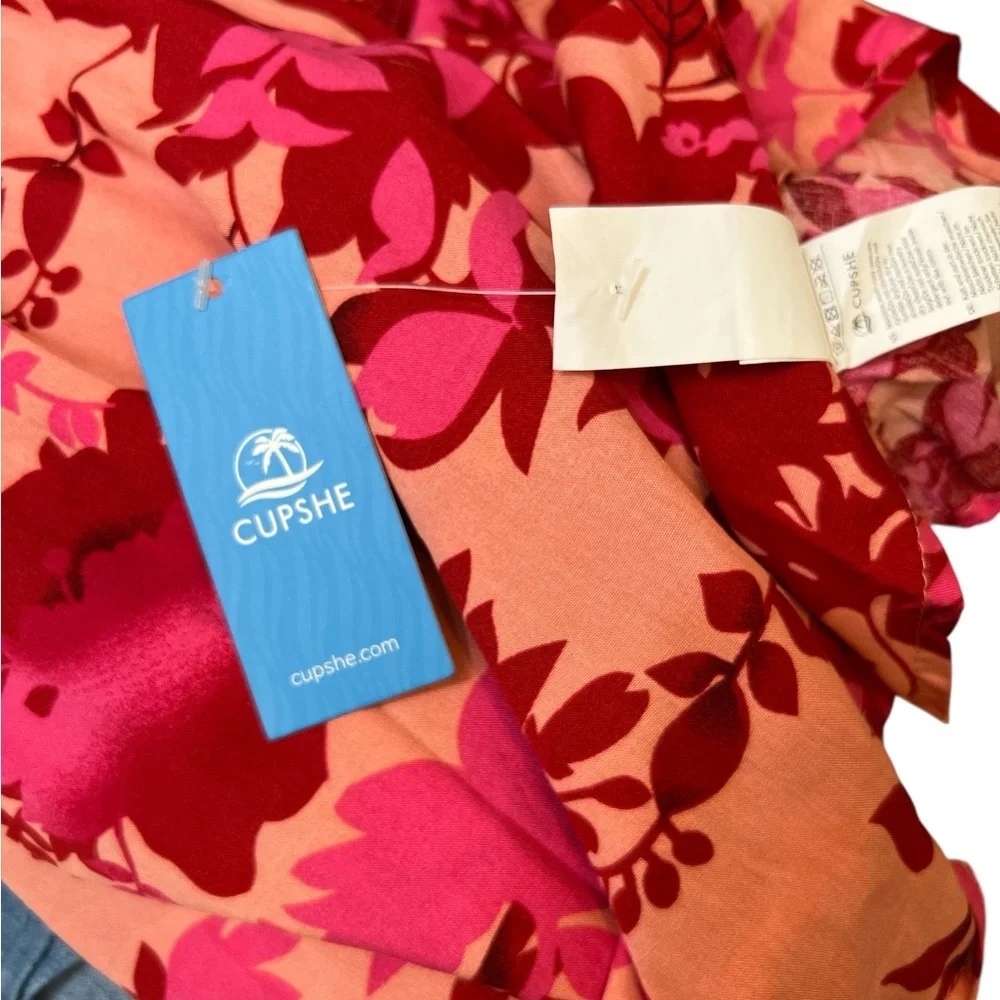 Cupshe NWT Pink Floral Smocked Mini Dress Size M Puff Sleeve Beach Vacation - Picture 6 of 6